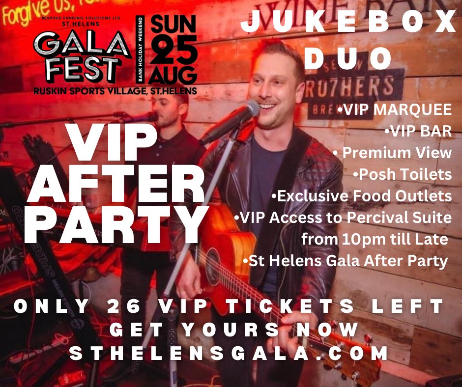 Only 26 VIP TICKETS Left!!! If you want to watch @StHelensGala in Style! With Best Viewing, Posh Toilets, VIP Food, Exclusive Food Outlets! And VIP access to JukeBox Duo After Party Secure your tickets NOW sthelensgala.com