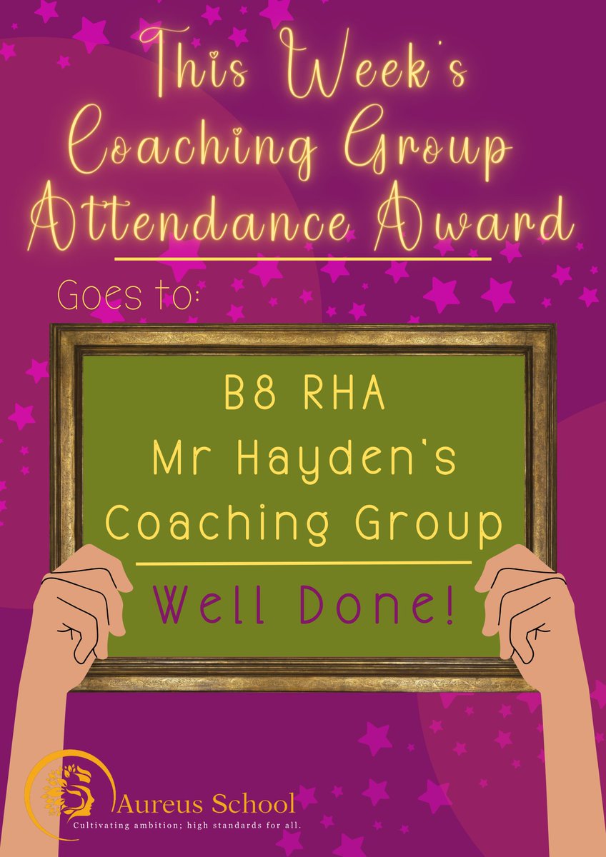 This is a new award that will be going out every Friday, congratulating the coaching group with the best weekly attendance! Well done, this week, to Mr Hayden and his group: B8 RHA, with a 95% attendance rate.