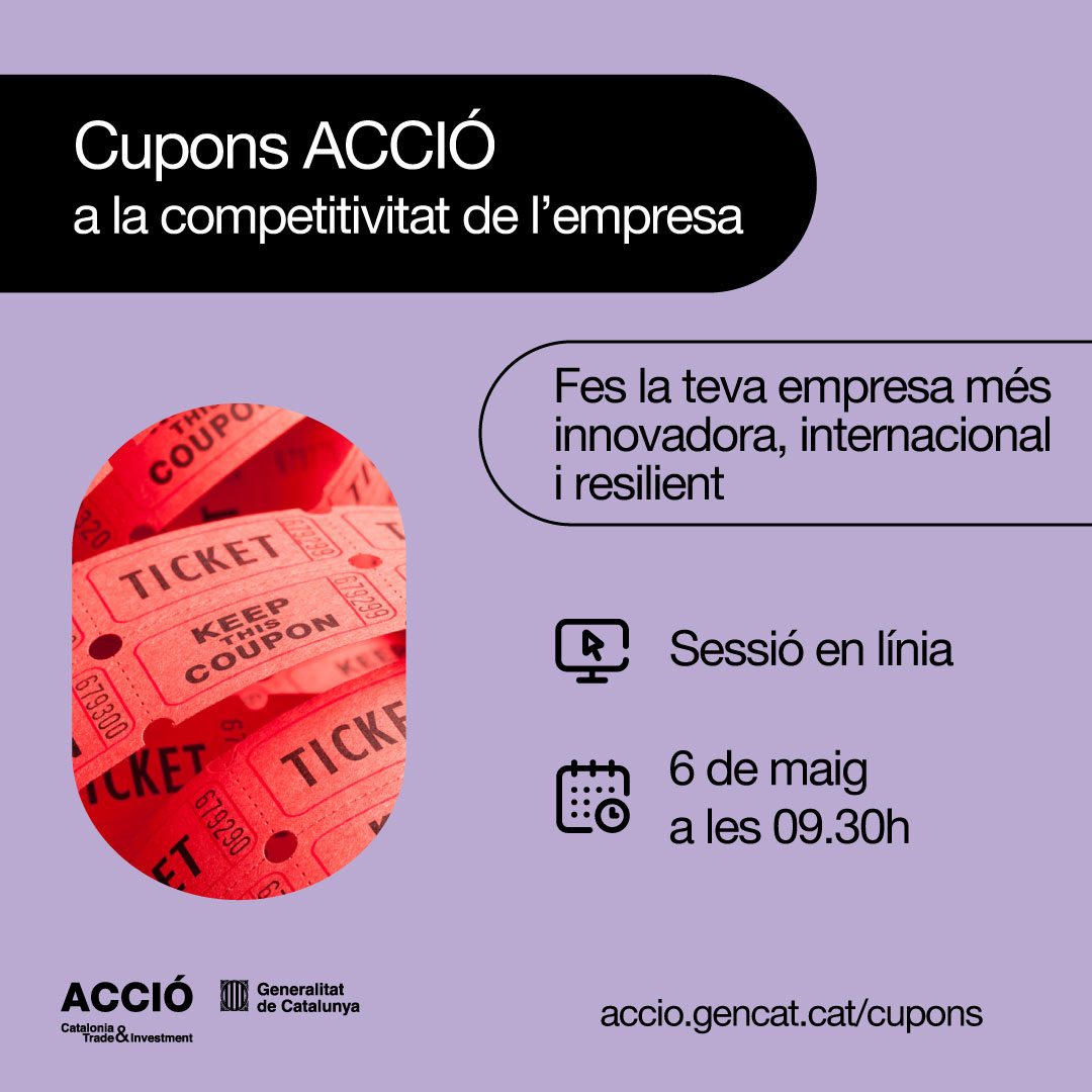 Dilluns presentem els #CuponsACCIÓ!

🔸9.40h Estratègia
🔸10.15h Propietat industrial i intel·lectual
🔸10.45h Green
🔸11.30h Tecnologies digitals
🔸12h Programes europeus R+D+I
🔸12.30h Iniciació a l’exportació
🔸13h International eTrade

📝Inscriu-t'hi
agenda.accio.gencat.cat/cercador/-/act…