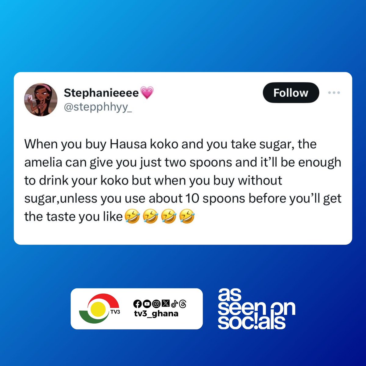 The sugar is familair with Amelia’s spoon anaa? 😆

#TV3GH ✍🏼@stepphhyy_