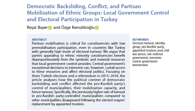 📢In our #NewIssue!📢🇹🇷 'Democratic Backsliding, Conflict, and Partisan Mobilisation of Ethnic Groups: Local Government Control and Electoral Participation in Turkey' by Reşat Bayer & Özge Kemahlıoğlu Read it here 👇 tandfonline.com/doi/full/10.10…