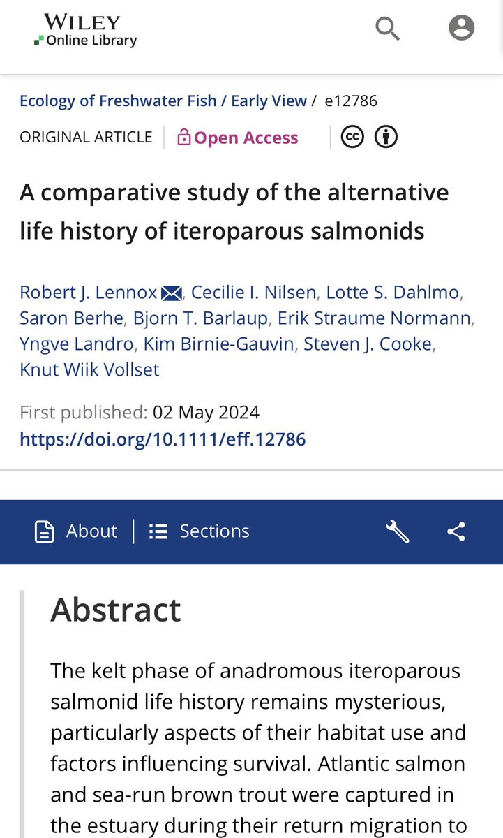 New paper published lead by @FisheriesRobert. Comparative study of the kelt phase of anadromous brown trout and Atlantic salmon using acoustic telemetry. We found a difference in overwintering habitat use and timing of river exit between the two species. doi.org/10.1111/eff.12…