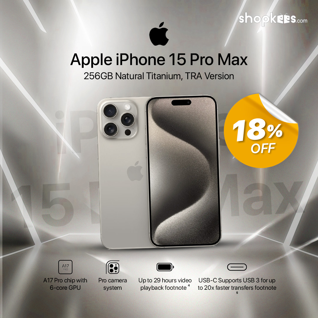 Get your hands on the Apple iPhone 15 Pro Max 256GB Natural Titanium, TRA Version, now at an unbeatable 18% discount! Don't miss out on this exclusive offer !! 
🛒 shopkees.com/link/apple-iph…
.
. 
#Shopkees #OnlineShopping #discountsale #offers #ShopNowSaveNow