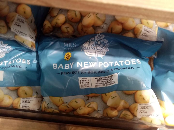 'These are not just potatoes, these are M and S new or baby new potatoes grown in Israel' [on land stolen from Palestinian farmers forced to become refugees] via West Midlands Palestine Solidarity Campaign