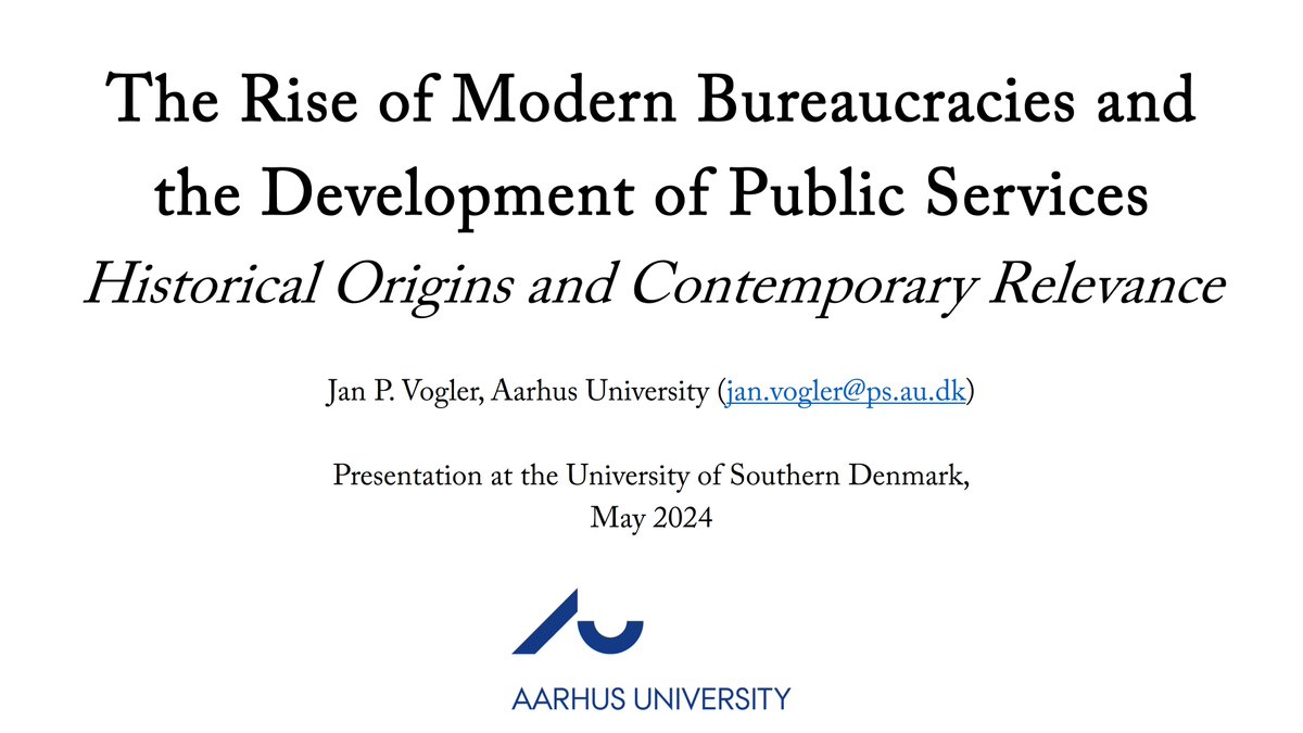 Yesterday, I had the pleasure of giving a presentation that synthesizes my research on the history of public bureaucracies at the University of Southern Denmark (@SyddanskUni). If anyone is interested in the slides, please send me a DM or email. I will be happy to share them! 😊