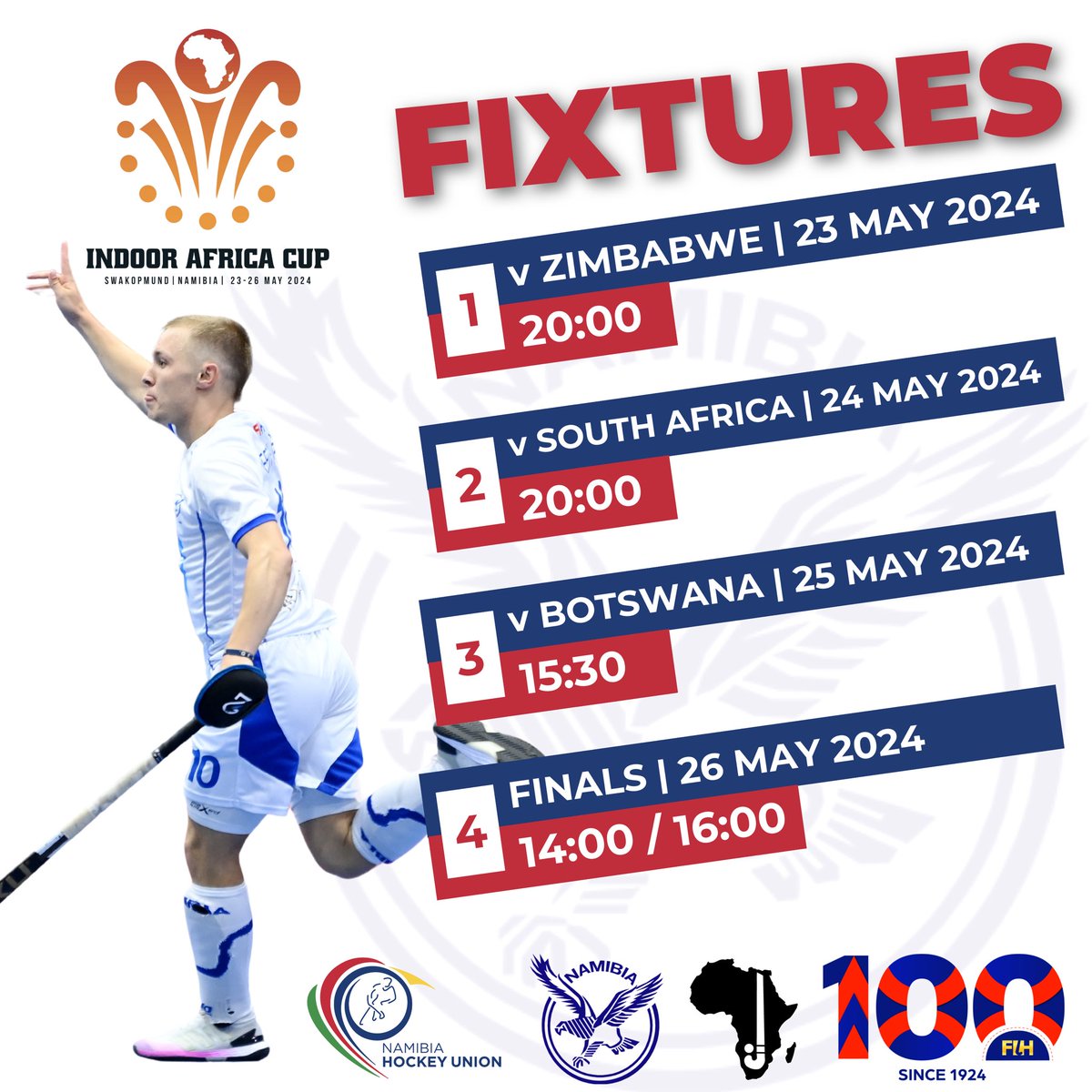 Mark your calendars!
The Namibia Men's Indoor Hockey team is ready to battle for glory at the Indoor Africa Cup (23-26 May) in Swakopmund. Check out the fixtures and roar with us as we chase the championship!