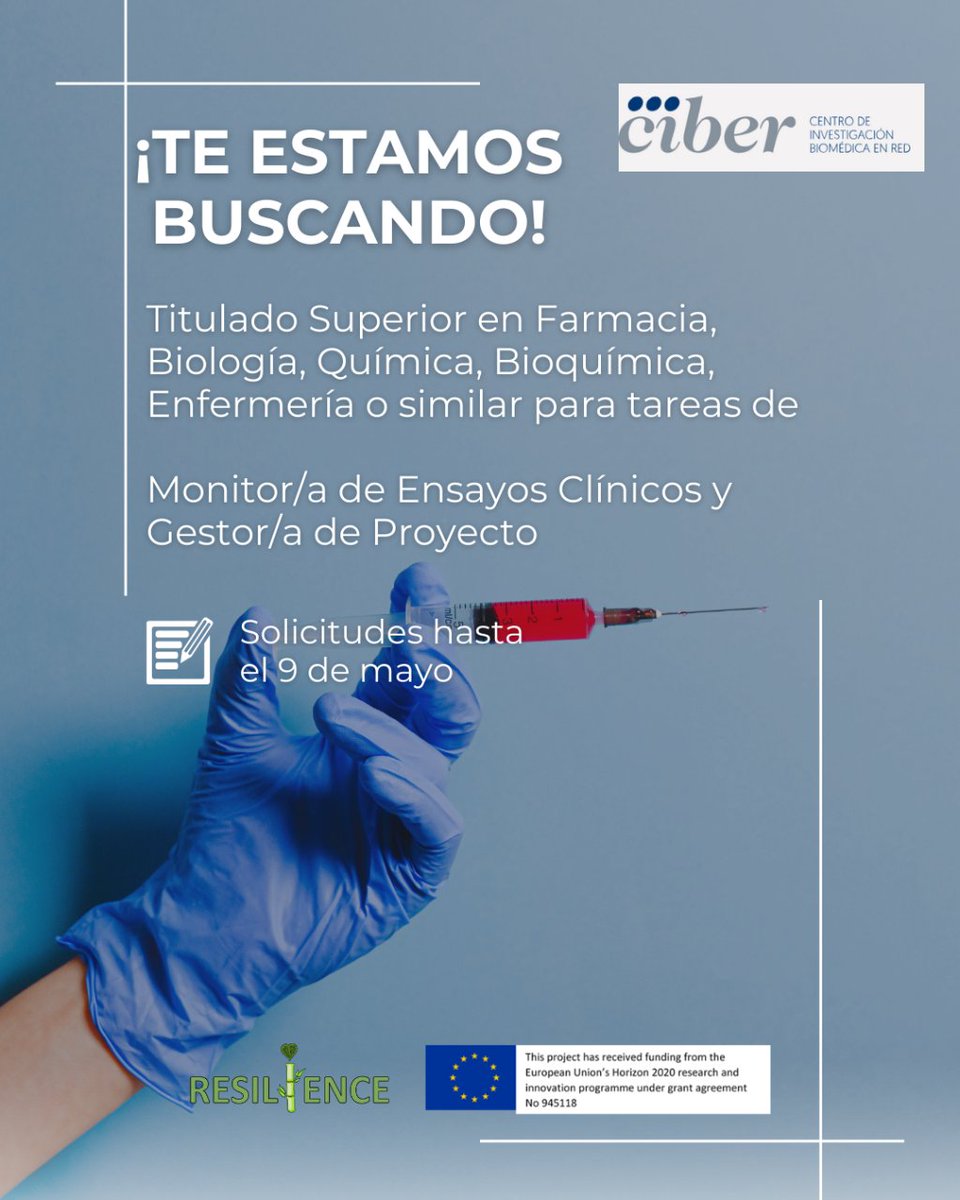 🔴📢 Oferta de empleo en @CIBER_ISCIII Se requiere Titulado Superior en Farmacia, Biología, Química, Bioquímica, Enfermería o similar para la realización de tareas de Monitor/a de Ensayos Clínicos y Gestor/a.  🌐 ciberisciii.es/empleo/detalle… #empleo #ciencia #investigación #Madrid