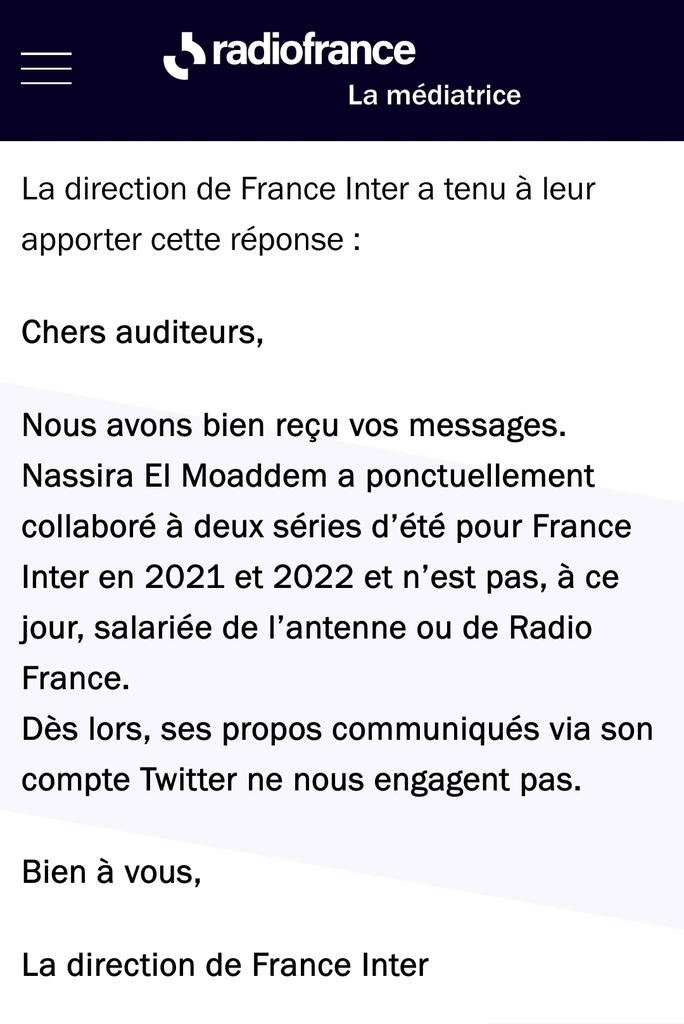 Nassira El Moaddem (@nassiraelm) on Twitter photo Je n'ai plus les mots
N'avoir aucun mot pour mon travail avec"Parcours de Combattants", aucun mot de soutien et modifier ce communiqué en catimini
Pas merci <a href="/mediatriceRF/">La Médiatrice</a>
<a href="/AdeleVanReeth/">Adèle Van Reeth</a>
Je n'oublierai pas les mots initiaux: "Nous comprenons votre réaction" mediateur.radiofrance.com/non-classe/les… Je n'ai plus les mots
N'avoir aucun mot pour mon travail avec"Parcours de Combattants", aucun mot de soutien et modifier ce communiqué en catimini
Pas merci <a href="/mediatriceRF/">La Médiatrice</a>
<a href="/AdeleVanReeth/">Adèle Van Reeth</a>
Je n'oublierai pas les mots initiaux: "Nous comprenons votre réaction" mediateur.radiofrance.com/non-classe/les…