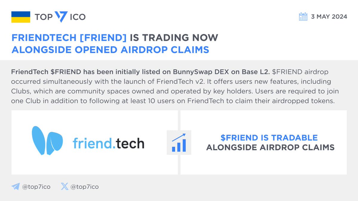 FriendTech [FRIEND] is trading now alongside opened Airdrop claims Native token for #Web3 social platform @friendtech $FRIEND has been initially listed on BunnySwap DEX on @base. $FRIEND airdrop occurred simultaneously with the launch of #FriendTech v2. It offers users new…