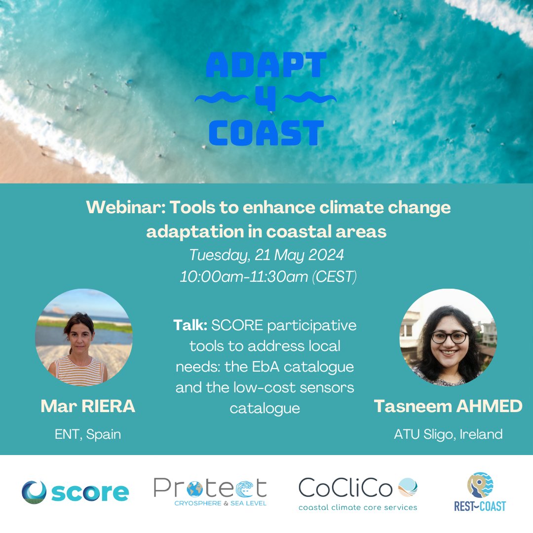 🔔Join our #webinar on Tuesday, 21 May! 👉score-eu-project.eu/2024/04/22/ada… 🎙️Our 1st speakers will be Mar Riera & Tasneem Ahmed, from @ENTmediambient & @atusligo_ie. They will present SCORE participative tools to address local needs: the #EbA catalogue and the low-cost sensors catalogue