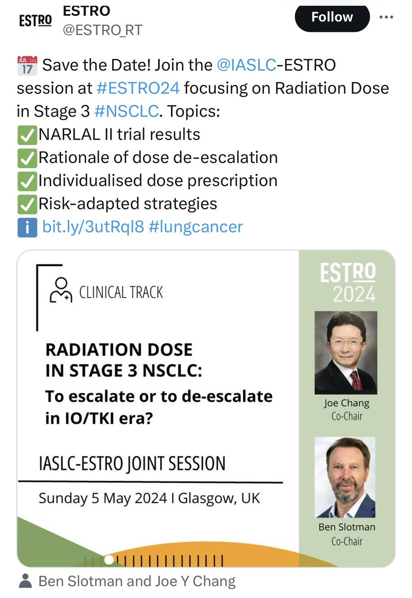 Stage III NSCLC in the era of IO and targeted TX, surgery or RT? OS and quality of life are the King. RT dose escalation or de-escalation? Biology is the King. ESTRO/IASLC joined session May 5 -Glasgow @ESTRO_RT @IASLC @bslotman