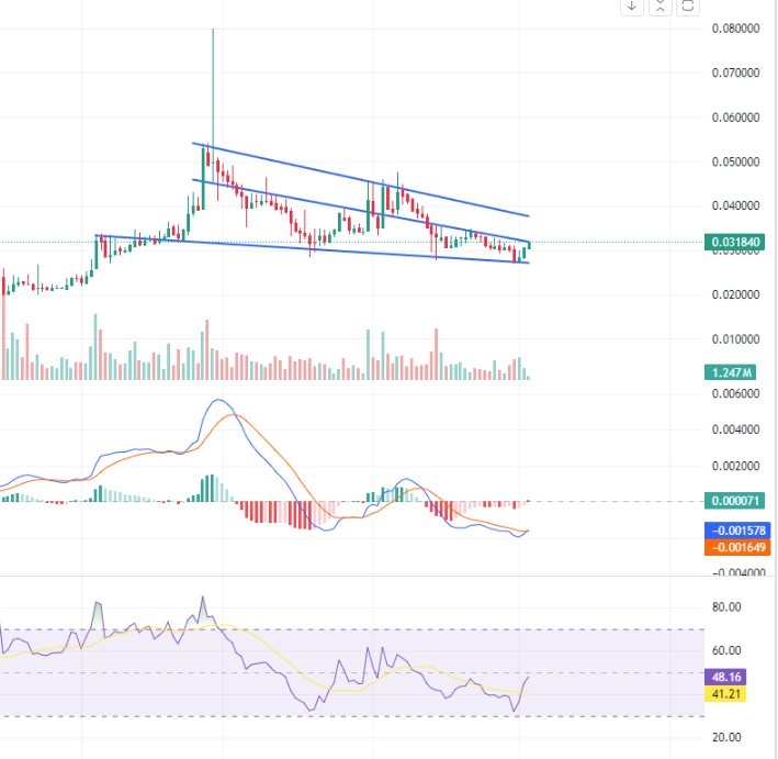 $flr touched oversold on the hourly but hasn't on the daily.  We might see some short term upwards movement but then another test of support in the coming days around 0.025-0.027.  Still looking nicely set up for a big, longer term move if the daily becomes oversold. #flr #flare