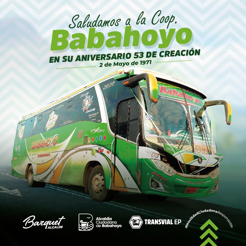 Saludamos a la Coop. #Babahoyo "Chilintomeña" por cumplir 5️⃣3️⃣ años 🎉 de servicio a la ciudadanía. 

Destinos:
✅ Pueblo Nuevo 
✅ Mata de Cacao 
✅ Febres Cordero 
✅ San José del Tambo 
✅ Bucay 

Horarios de atención boletería:
Lunes a domingo ⏰ 05h00 a 19h30.