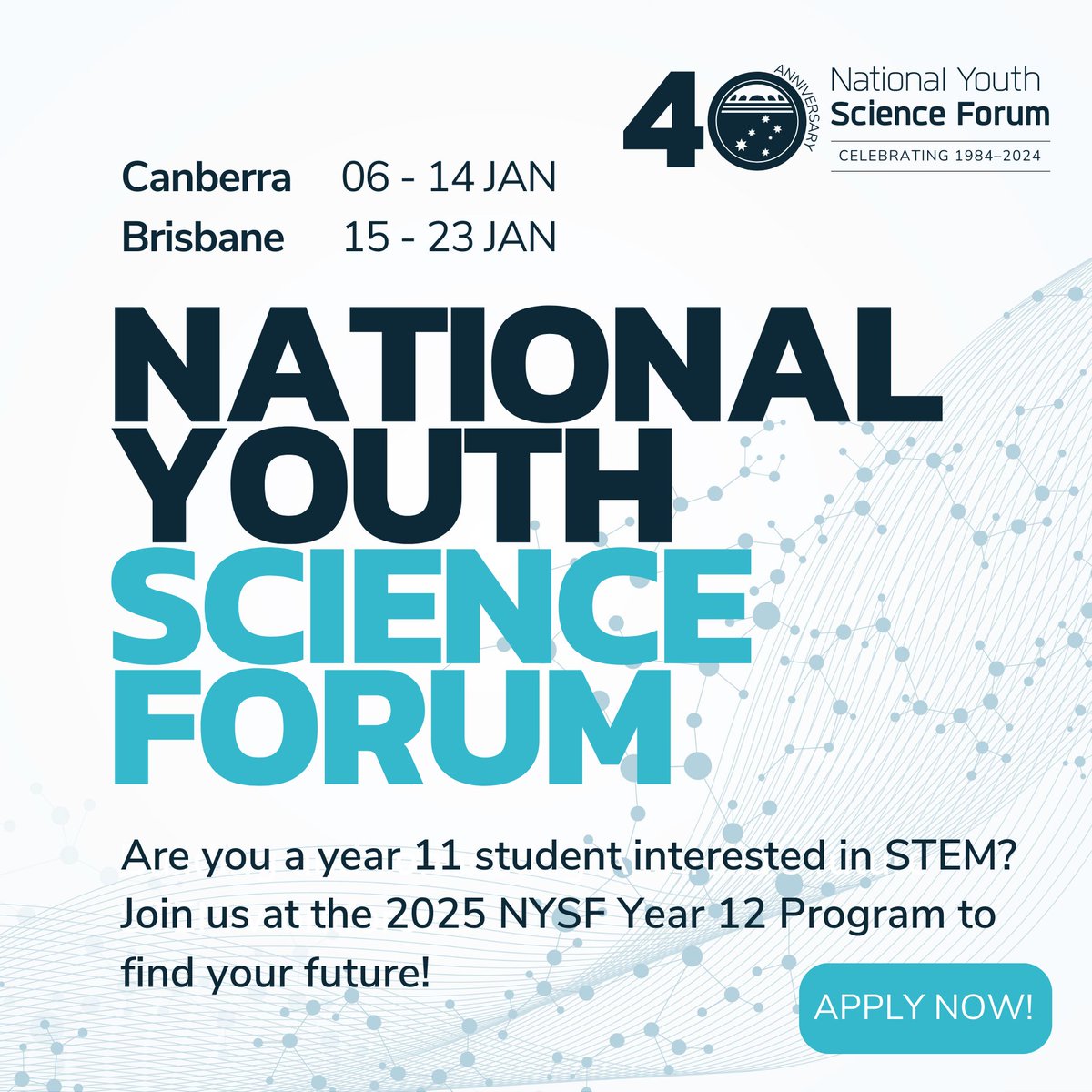 Applications for the 2025 NYSF Year 12 Program are OPEN! Year 11 students interested in #STEM are invited to apply for the NYSF Year 12 Program in January 2025.

Apply now: nysf.edu.au/programs/year-…

STEM is everywhere, and STEM is for everyone!