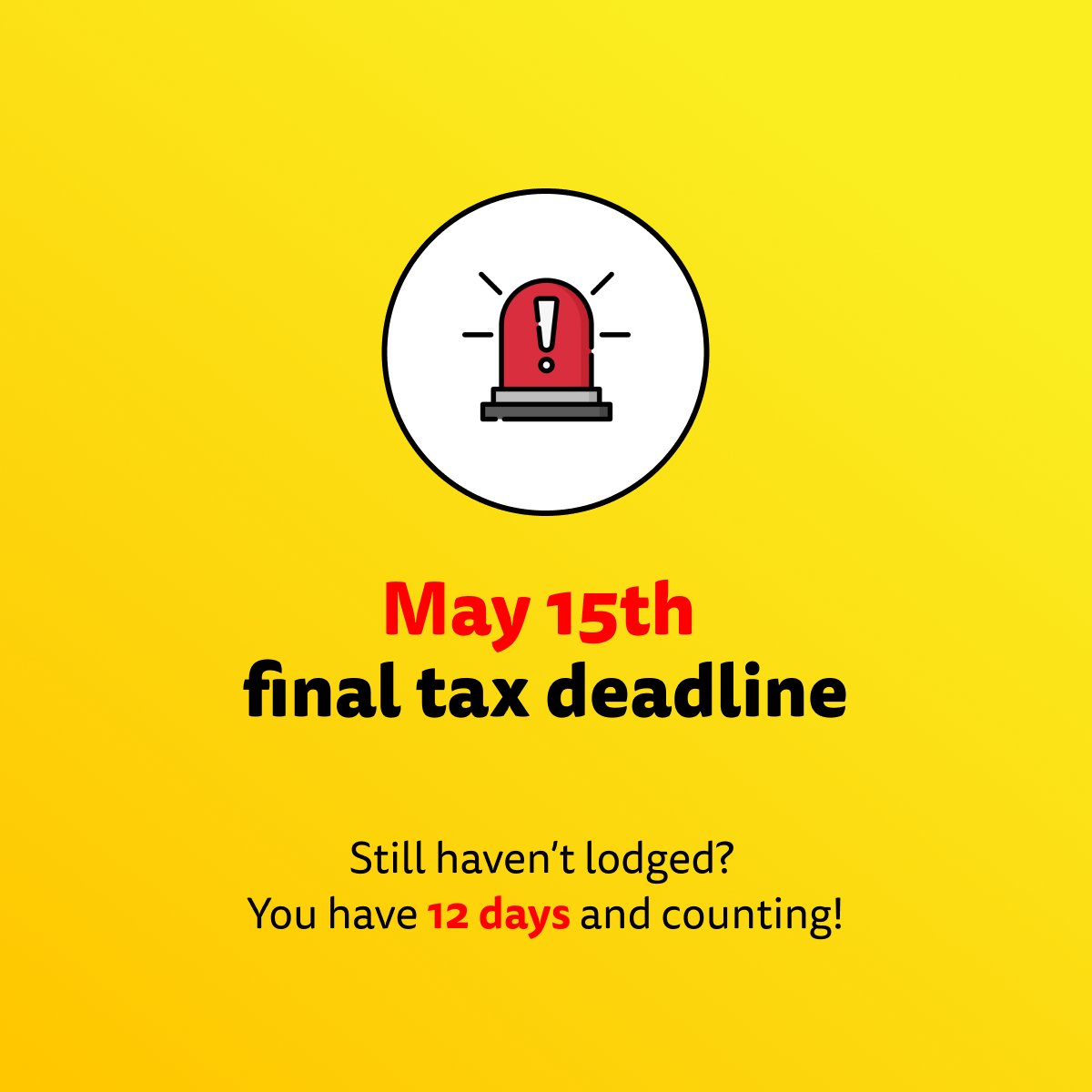 🚨 The tax deadline for the 22-23 financial year is May 15th. To avoid penalties and interest charges, you need to submit your tax return on time. Still haven’t lodged yours? Call 1300 555 773 or book an appointment today #TaxReturns #RefundMaximiserGuarantee #TaxDeadline #May15