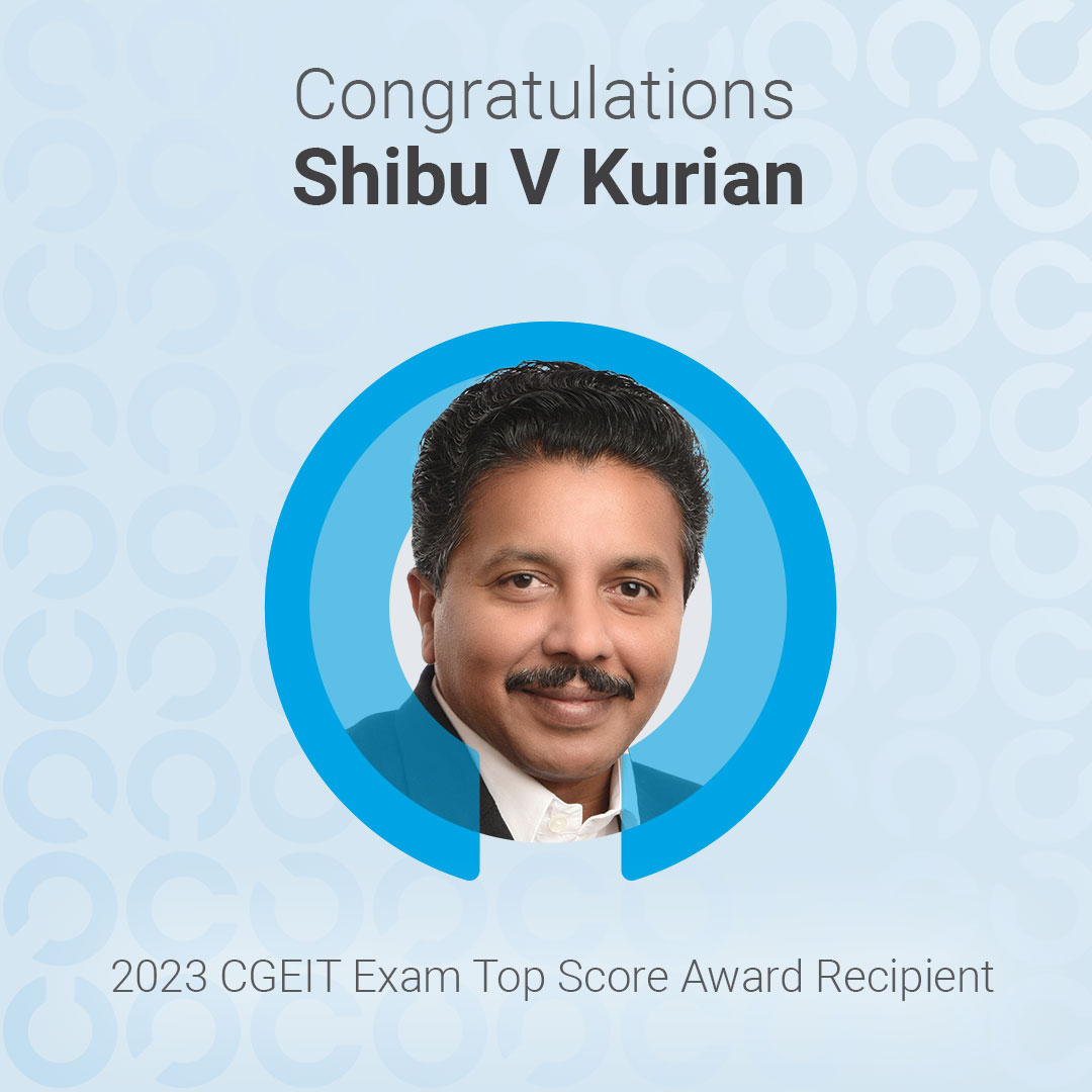 We applaud you, Shibu, for having the highest #CGEIT exam score in 2023! 🏆 Post a congratulations in the comments and check out the top exam scores for CISA, CISM, CRISC and CDPSE in 2023: bit.ly/4blsyw8