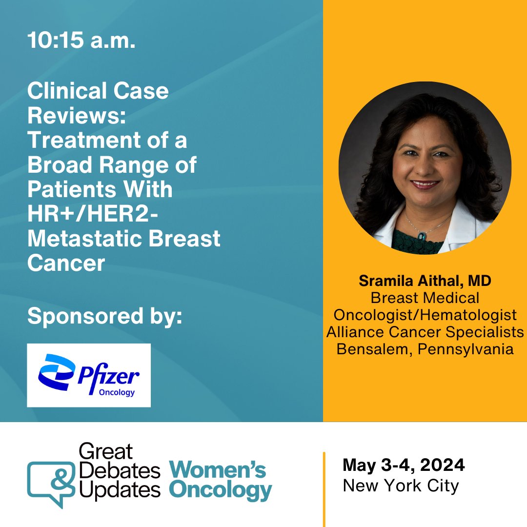 Up next: Join us for breakfast during our Innovation Theater led by Sramila Aithal, MD sponsored by @PfizerOncMed, happening in Belasco. #GDUWO #greatdebatesandupdates