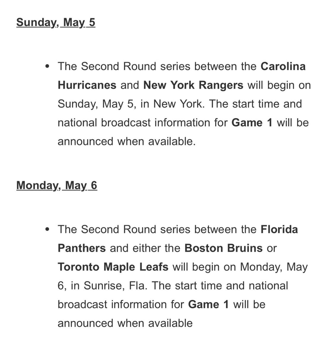 #StanleyCup Round 2 schedule update: