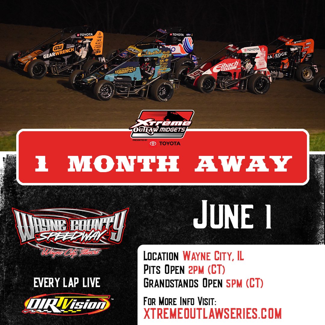 The #XtremeOutlaw Midgets are coming back to Wayne County Speedway! 🤘 It’s the final race before the summer break – don’t miss out on the action, now only a month away. Get a ticket at the gate on race day or stream live on @DIRTVision.