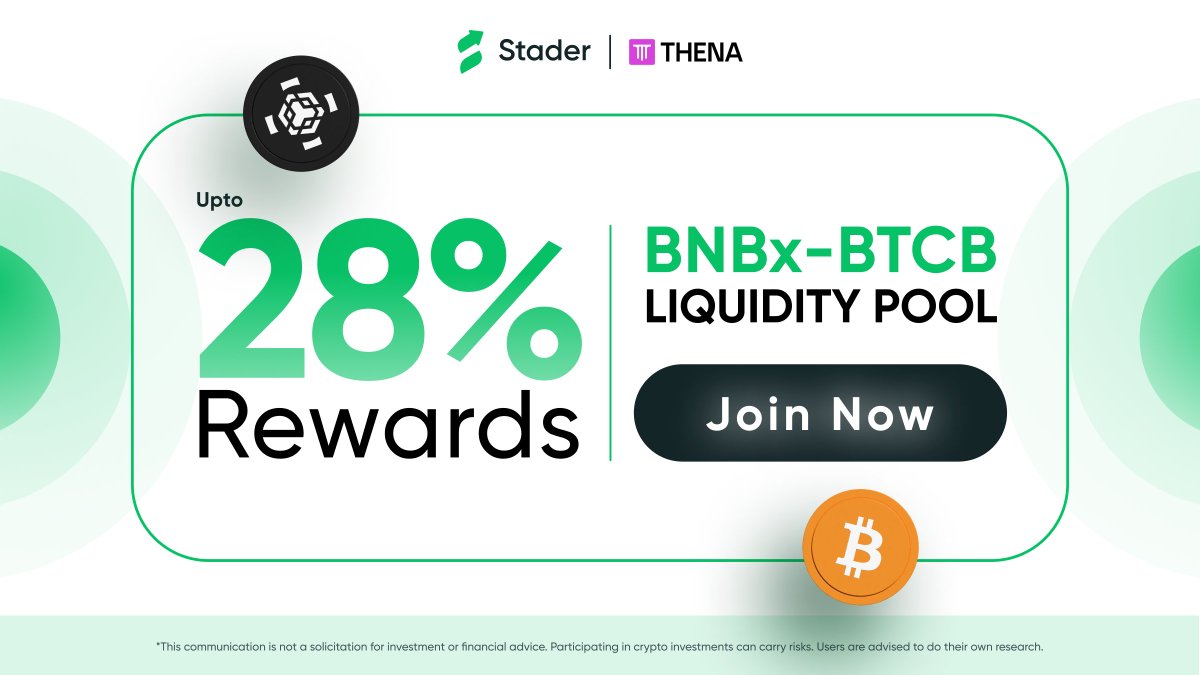 Best in class #BNB DeFi rewards up for grabs! 💰 Get upto 28% rewards with the $BNBx - $BTCB pool. Powered by Stader & @ThenaFi_ Mint $BNBx on Stader & join now. 🔗 bit.ly/3UobEG8