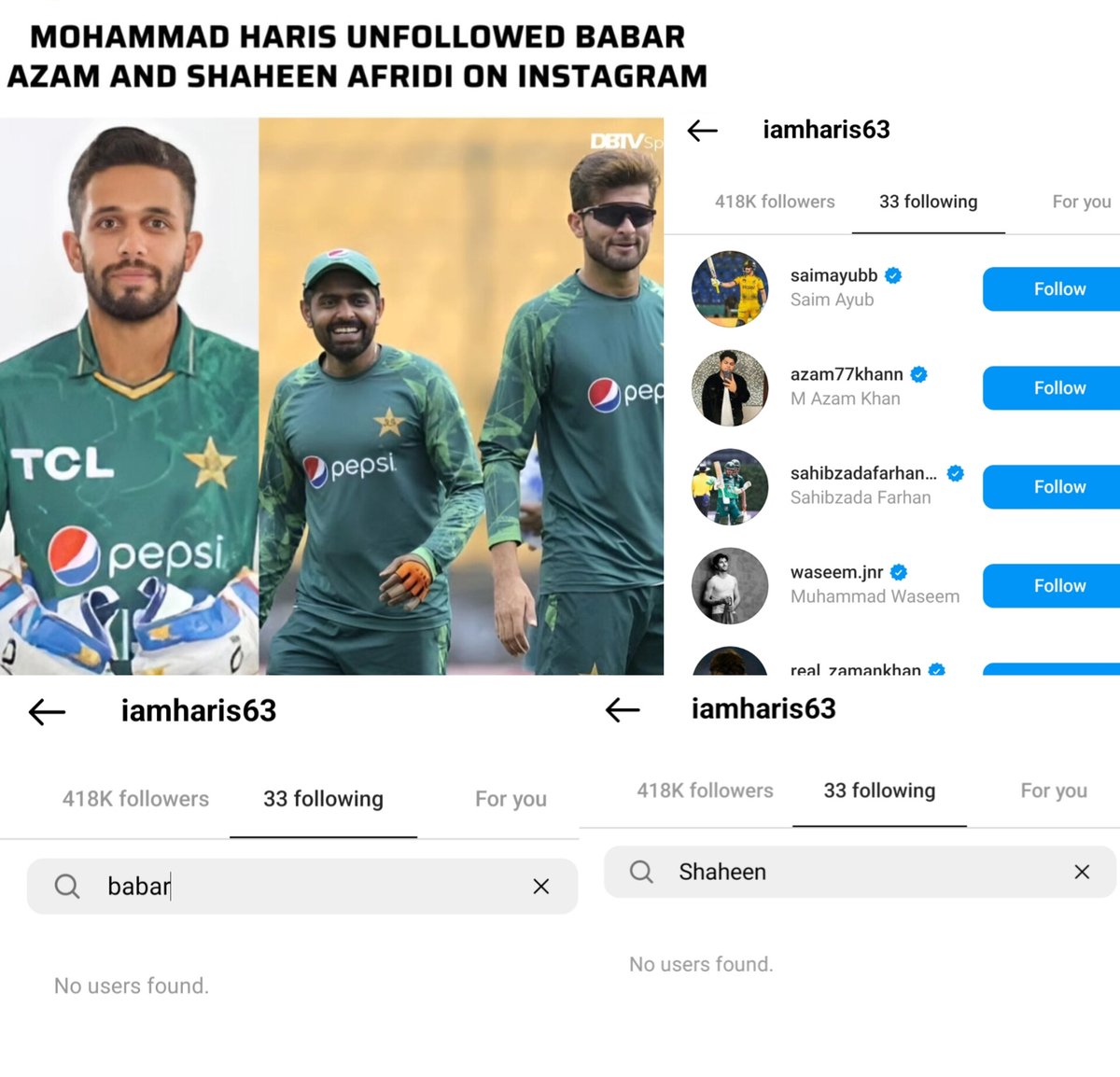 Mohammad Haris unfollowed
Babar azam and Shaheen Afridi after not being selected in the T20 WC squad.
#PakistanCricket #T20WorldCup24