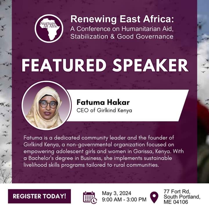 Our CEO, @Fatumahakar1 Hakar, will be speaking at the Renewing East Africa conference in Portland, Maine, USA Join us as she shares insights on humanitarian aid, stabilization, and good governance. Don't miss out on this inspiring event!