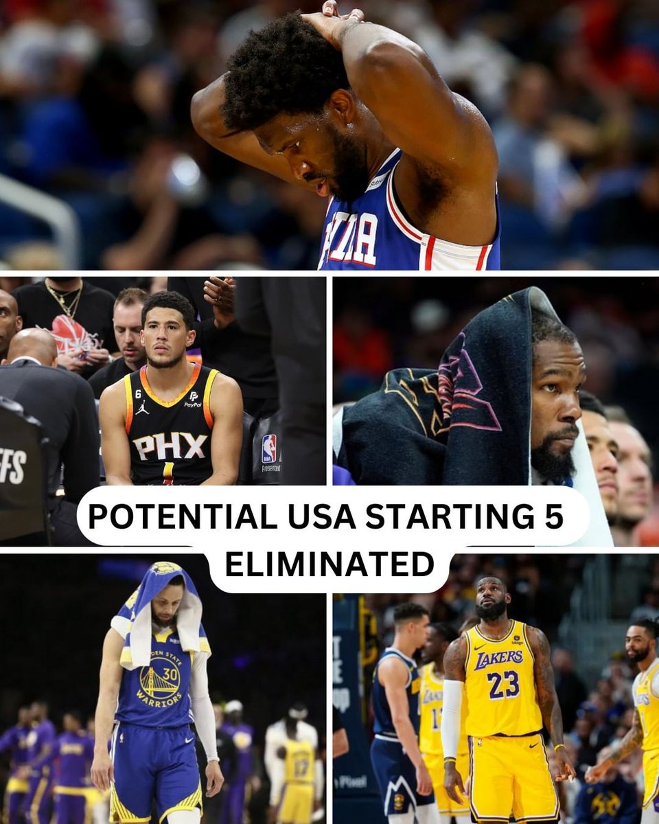 With Embiid and the Sixers getting sent home by the Knicks, the possible Team USA starters will get more time to rest before the Olympics 👀

Is there someone you want to change on this starting 5?

Steph Curry
Devin Booker
LeBron James
 Kevin Durant
Joel Embiid