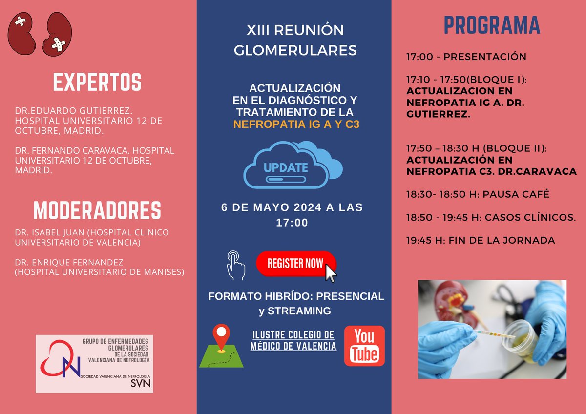 XIII REUNION GLOMERULARES: 6⃣/0⃣5⃣ a las 1⃣7⃣ (formato mixto)
ACTUALIZACIÓN EN EL DIAGNÓSTICO Y TRATAMIENTO DE LA NEFROPATIA IG A Y C3
ℹ️: svnefrologia.es/eventos/xiiigl…
<a href="/SENefrologia/">S.E.N. Nefrología</a> <a href="/SOMANEorg/">Sociedad Madrileña de Nefrología (SOMANE)</a> <a href="/nefrocat/">Societat Catalana de Nefrologia</a> <a href="/nefrosan/">Sociedad Andaluza de Nefrología</a> <a href="/DeNefrologos/">Colegio de Nefrólogos de México A.C.</a> <a href="/senjoven/">JovSEN</a> <a href="/nefroaldia/">nefroaldia</a> <a href="/nefrologicos/">Miércoles Nefrológicos</a> <a href="/SLANH_/">SLANH</a> <a href="/SLANHJoven/">SLANH Joven</a>