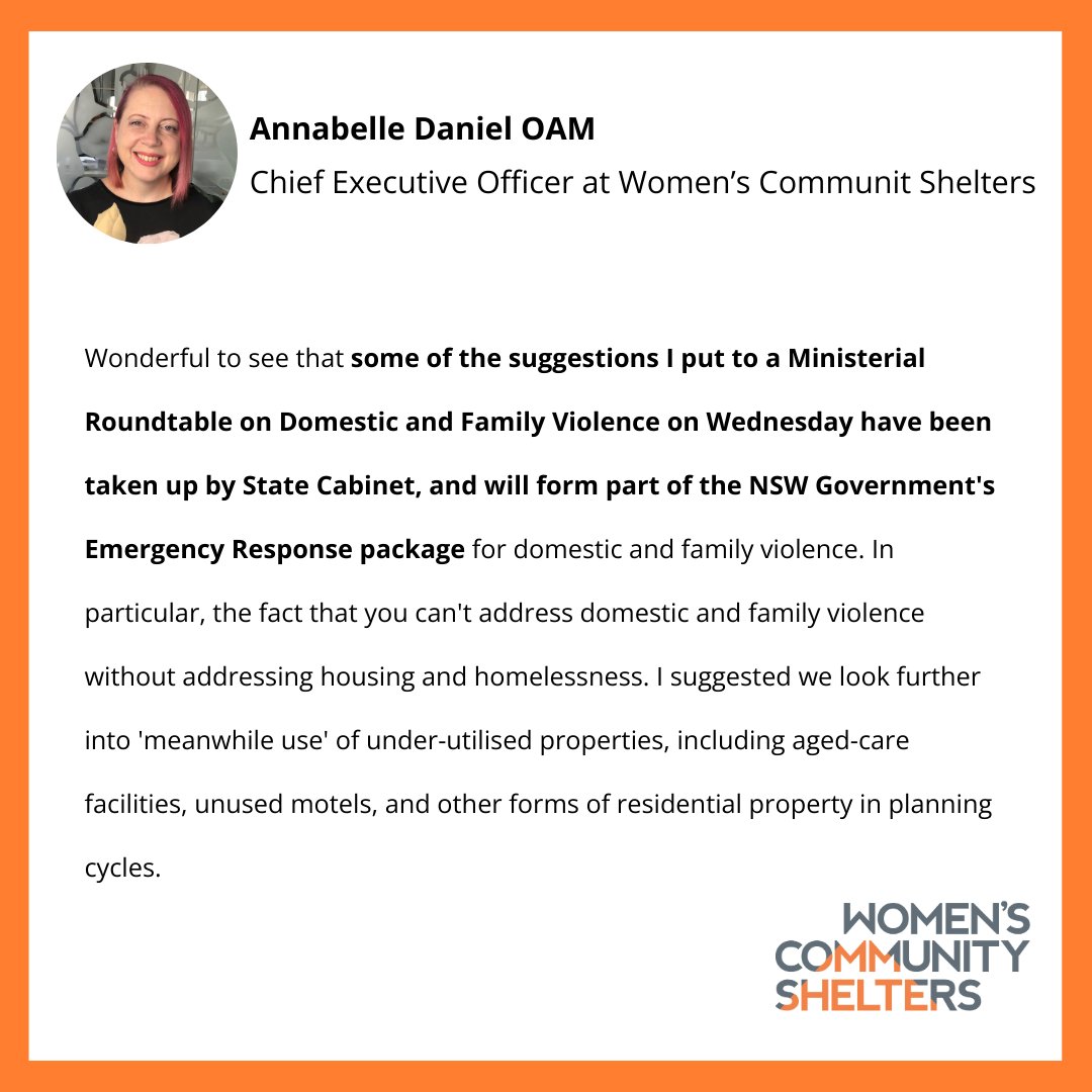 NEWS: Wonderful to see that some of the suggestions WCS CEO Annabelle Daniel OAM put to a Ministerial Roundtable on Domestic and Family Violence have been taken up by State Cabinet and will form part of the NSW Government's Emergency Response package for DFV. 

#EndDFV #EndDV