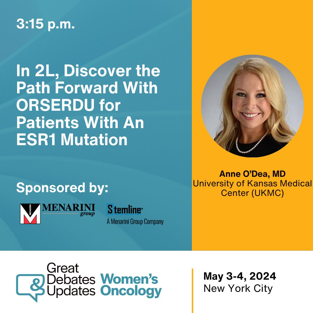 Continue the day with something sweet ➡ Enjoy dessert with Dr. Anne O'Dea at 3:15 p.m. as she explores the path forward with ORSERDU for patients with an ESR1 mutation. Sponsored by @Stemline. Don't miss out on this enlightening session! #GDUWO #greatdebatesandupdates