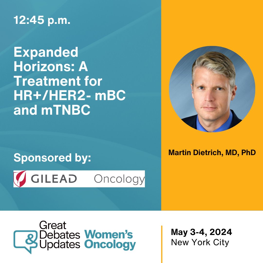 Join us for a transformative lunch session at our Innovation Theater in Belasco! 🍽️ Explore Expanded Horizons with Dr. Martin Dietrich as he delves into groundbreaking treatments for HR+/HER2- mBC and mTNBC. Sponsored by @GileadOncology. #GDUWO #greatdebatesandupdates