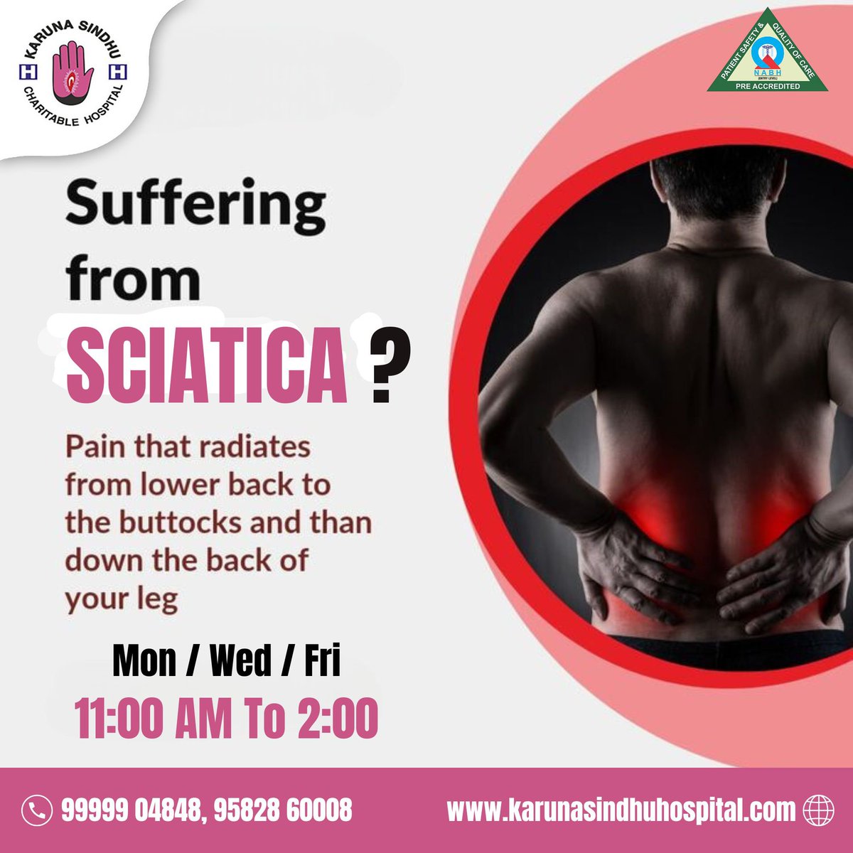 Empowering you with knowledge: Recognizing sciatica symptoms for timely care and relief at Karuna Sindhu Hospital.🏥

Call: 9999904848
Visit :  karunasindhuhospital.com/orthopedic

#KarunaSindhuHospital #SciaticaAwareness #Healthcare #MedicalCare #SciaticaRelief #PainManagement #Orthopaedic