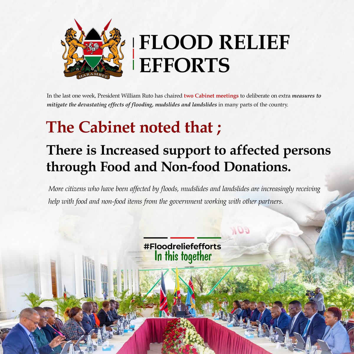 More citizens affected by floods, mudslides, and landslides are increasingly receiving help with food and non food stuff from the government and other potential partners 
#FloodReliefEfforts
In It Together