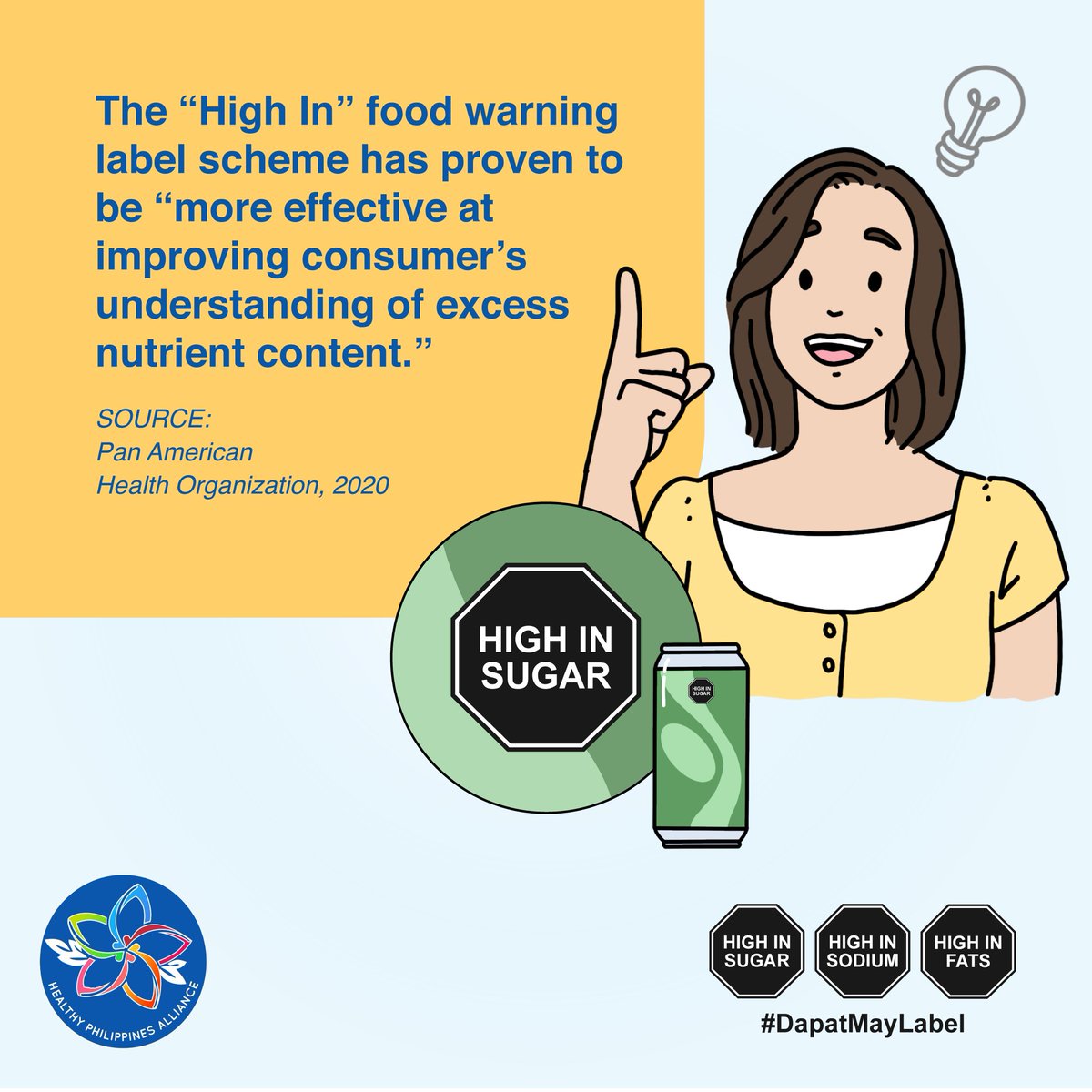 PHealthAlliance's tweet photo. The nutritional warning scheme of Front-of-pack labeling (FOPL) has been found more effective to discourage consumers against food high in critical nutrients which are sugar, sodium, fats that lead to noncommunicable diseases or NCDs. #DapatMayLabel #BeatNCDs https://t.co/9BcMzkyBtv