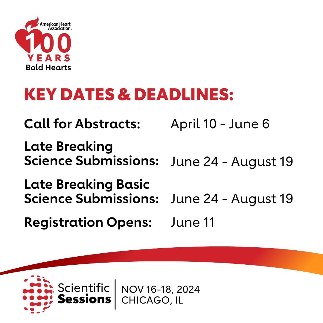 Abstract submission is open for #AHA24 Be part of the program for the #AHA100th anniversary! New this year- greatly expanded digital poster presentations. Expanded categories- Precision Medicine- Genetic and Genomic Applications, Pediatric Critical Care Cardiology, Methodology
