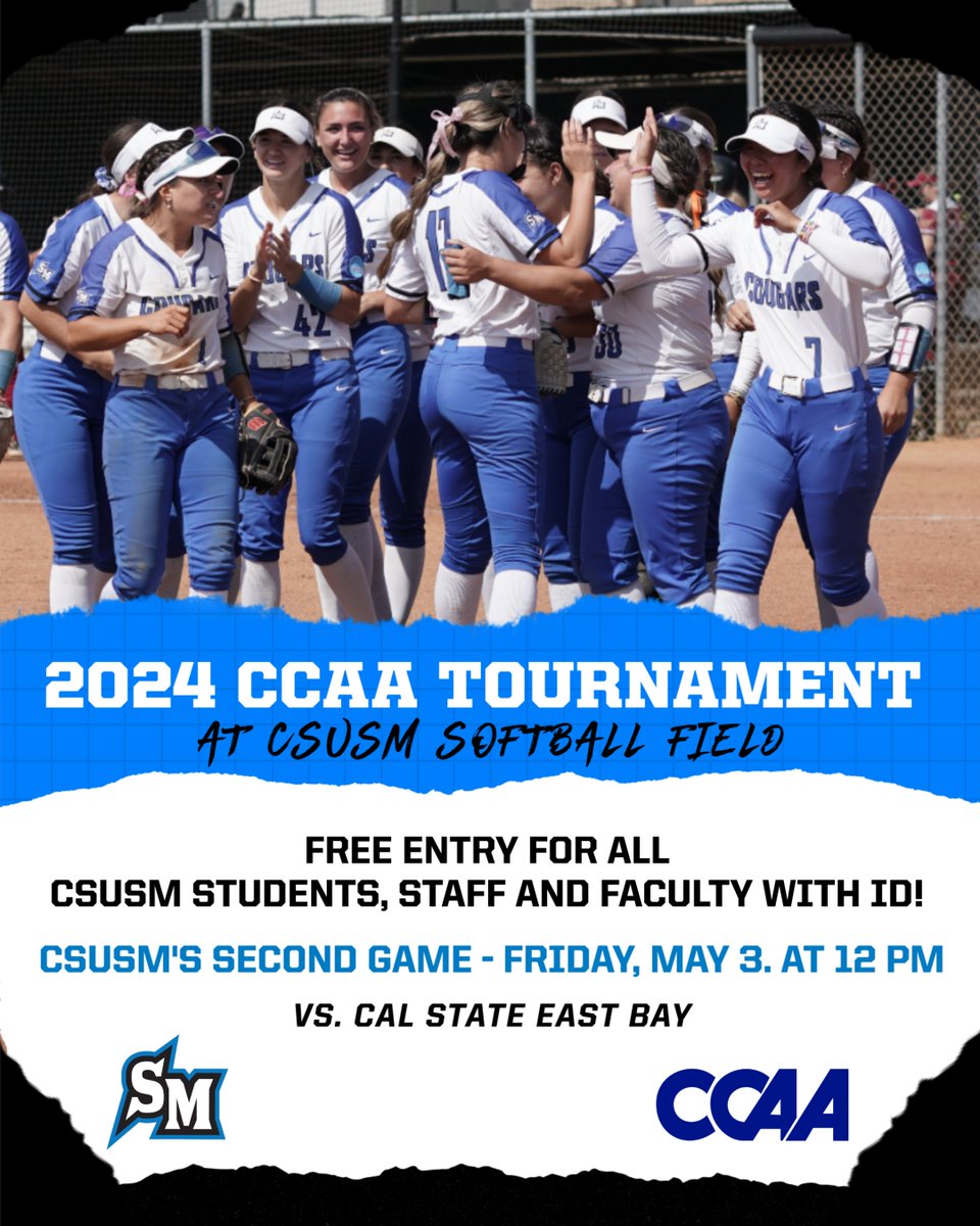 The @CSUSMsoftbal team plays TOMORROW (Friday, May 3) at noon against Cal State East Bay in the CCAA Championships right here on our campus! Free admission for all CSUSM students, staff and faculty! #BleedBlue