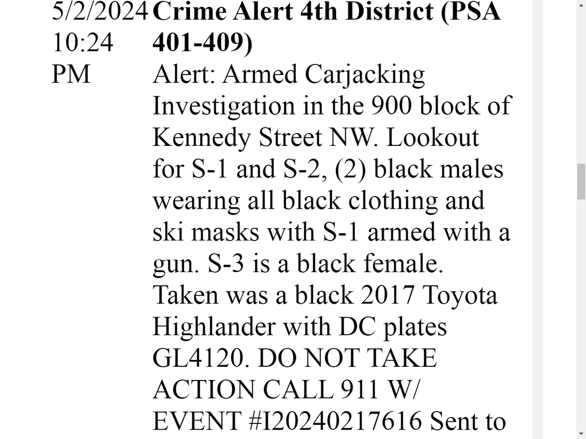 alanhenney's tweet photo. The Toyota Highlander carjacked earlier from 900 blk Kennedy St NW in #BrightwoodParkDC has been found abandoned on e/b I-695 at exit 1-B (6th St SE). #NavyYardDC #CapitolRiverfrontDC
@NavyYardCrime @WDCNavyYard @ElissaDeSouza @RickMurphree @Rosenberg4DC #DCCrime https://t.co/wXL3HY13qz