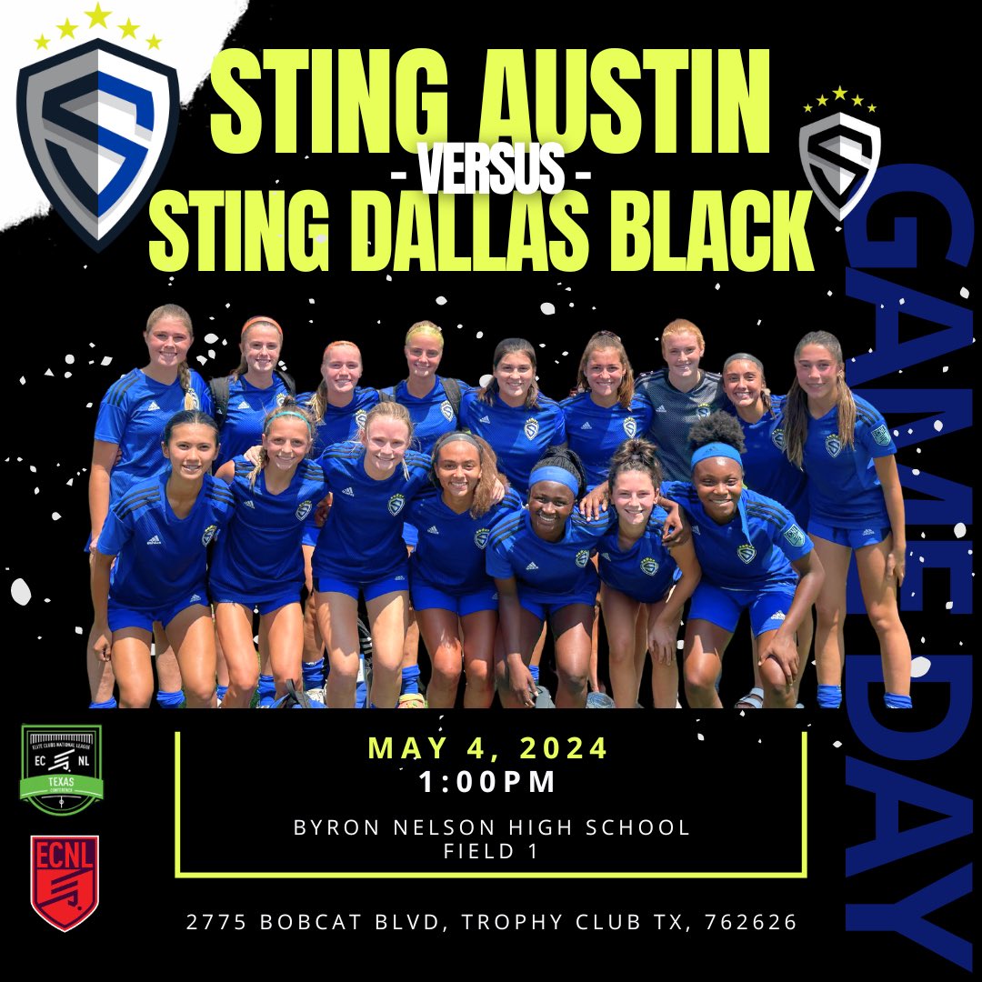 🚨UPDATED LOCATION🚨

🚗Roadtrip! 
📆 5.4.24
➡️📍Byron Nelson HS⬅️
⏰1:00pm
🔥LET’S GO🔥

Coaches, please join our two matches this weekend!

#stingaustinecnl #stingatx08ecnl #ecnl #leadersplayhere #braveboldone