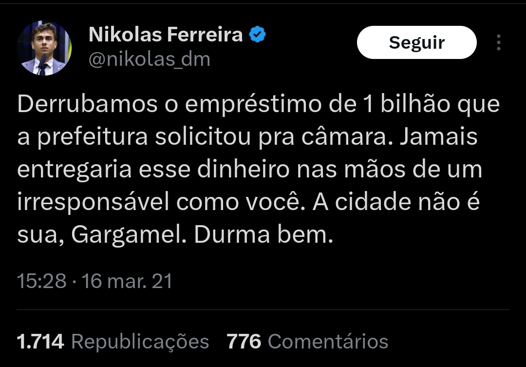 Lula levou meia dúzia de ministros, centenas de militares, defesa civil, veículos e helicópteros, despejou centenas de milhões de reais na emergência.

Mas o Nikolas, que COMEMOROU corte de 1 BILHÃO da prevenção das enchentes de BH, só pra implicar com o prefeito, resolveu lacrar