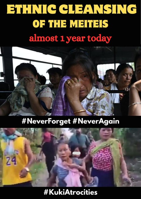 Today marks one year since the ethnic cleansing of the #Meiteis in #Manipur!
Many have been killed, thousands displaced, and in relief camps!
Life remains a daily nightmare!
We demand justice for the atrocities committed by the #KukiZos.

#ManipurViolence #KukiZoNarcoterrorist