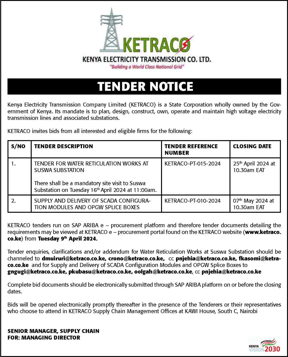 TENDER ALERT | @KETRACO1 is seeking bids for the supply and delivery of supervisory control and data acquisition #SCADA configuration modules and optical ground wire splice boxes in Kenya. ❗️ DEADLINE: Tuesday, May 7, 2024 🔗 TENDER INFO: ow.ly/3wtj50RlZLe