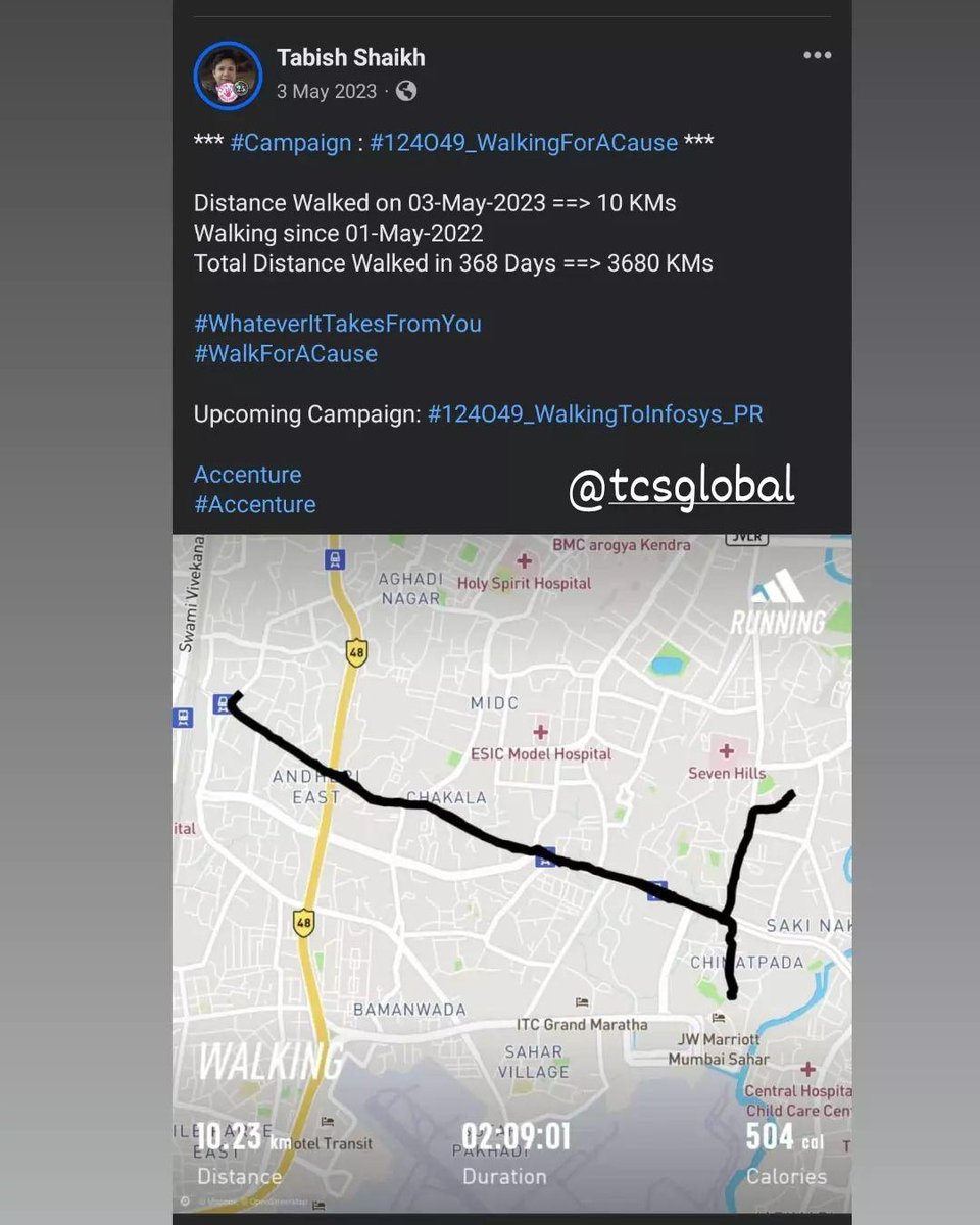*** #Campaign : #124O49_WalkingForACause ***

Distance Walked on 03-May-2023 ==> 10 KMs
Walking since 01-May-2022 
Total Distance Walked in 368 Days ==> 3680 KMs

#WhateverItTakesFromYou
#WalkForACause 

Upcoming Campaign: #124O49_WalkingToInfosys_PR
 
@Accenture
#Accenture

@TCS