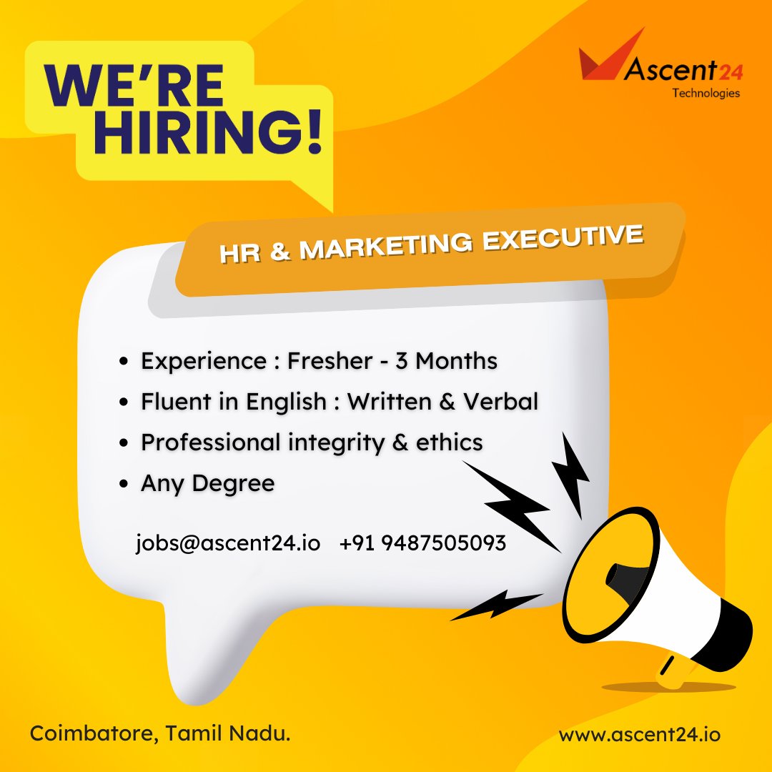 R U a dynamic go-getter with a passion for HR and a knack for connecting with clients? 🌱

@Ascent24T  has the perfect opportunity for you! 🌋

ascent24.io

#hiring #hiringnow #fresher #fresherjobs #marketing #hr #hrjobs #recruiter #ascent24technologies  #coimbatore