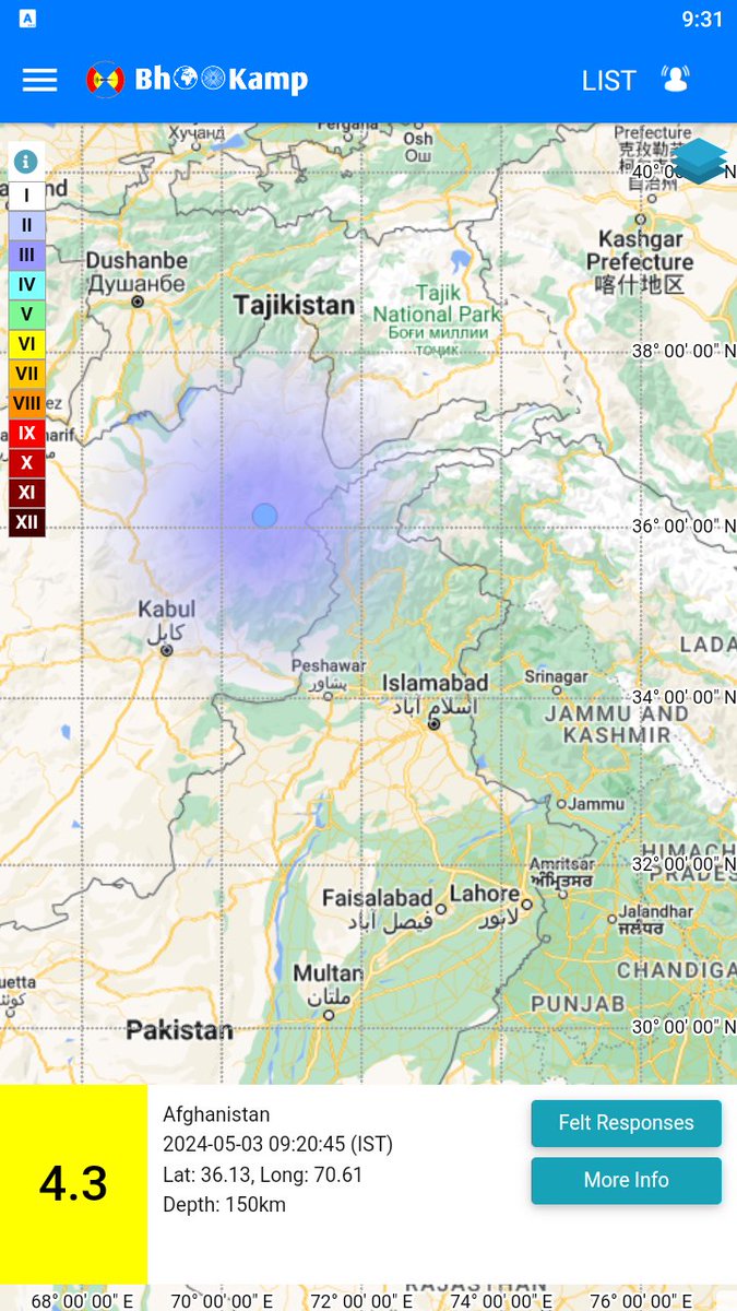 Earthquake of Magnitude:4.3, Occurred on 03-05-2024, 09:20:45 IST, Lat: 36.13 & Long: 70.61, Depth: 150 Km ,Location:Afghanistan for more information Download the BhooKamp App riseq.seismo.gov.in/riseq/Interact… @KirenRijiju @Dr_Mishra1966 @Ravi_MoES @ndmaindia @Indiametdept