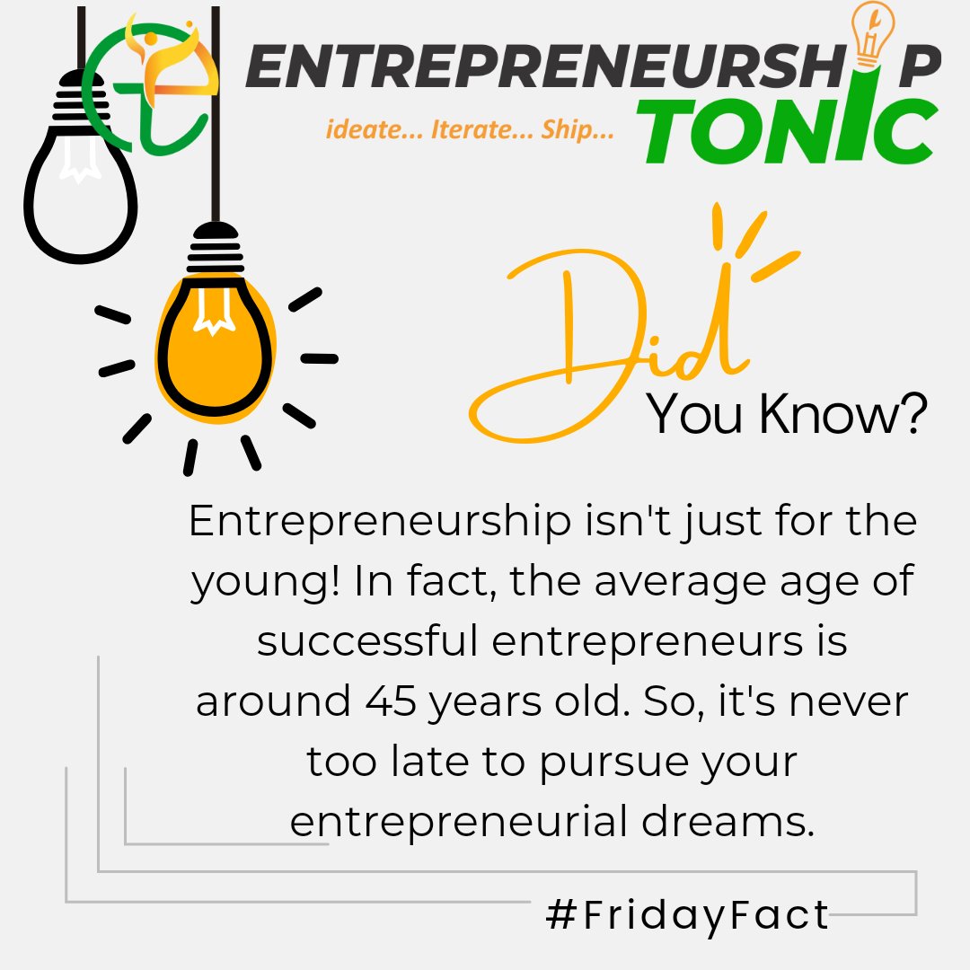 Urban legend has glamorized the myth of the successful entrepreneur being a young person, whereas the reality is that many don't find their calling until later in life.

 #EntrepreneurshipTonic
#FridayFact 
#EntrepreneurLife #EntrepreneurMindset 
#JustDoIt
