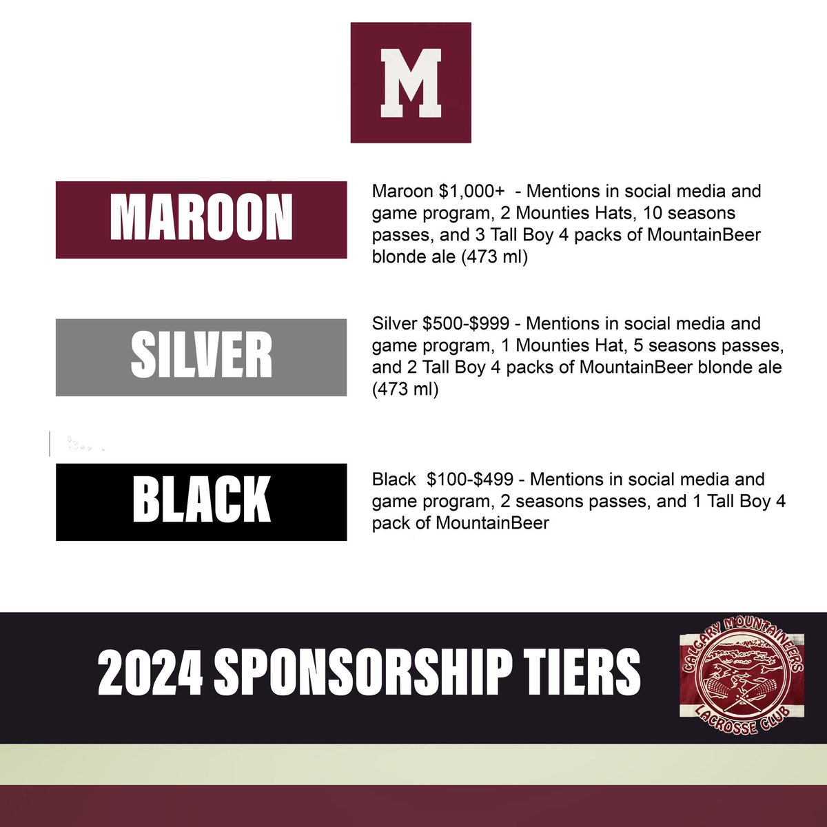 SUPPORT THE MOUNTAINEERS IN 2024

Three sponsorship tiers are now available! 

Partner your company with one of the most followed brands in Junior B Tier 1 lacrosse.

DM us on Insta or email jtyrrell@shaw.ca

#Mountaineerslax #Mountaineersfamily #Mountaineerssponsor
