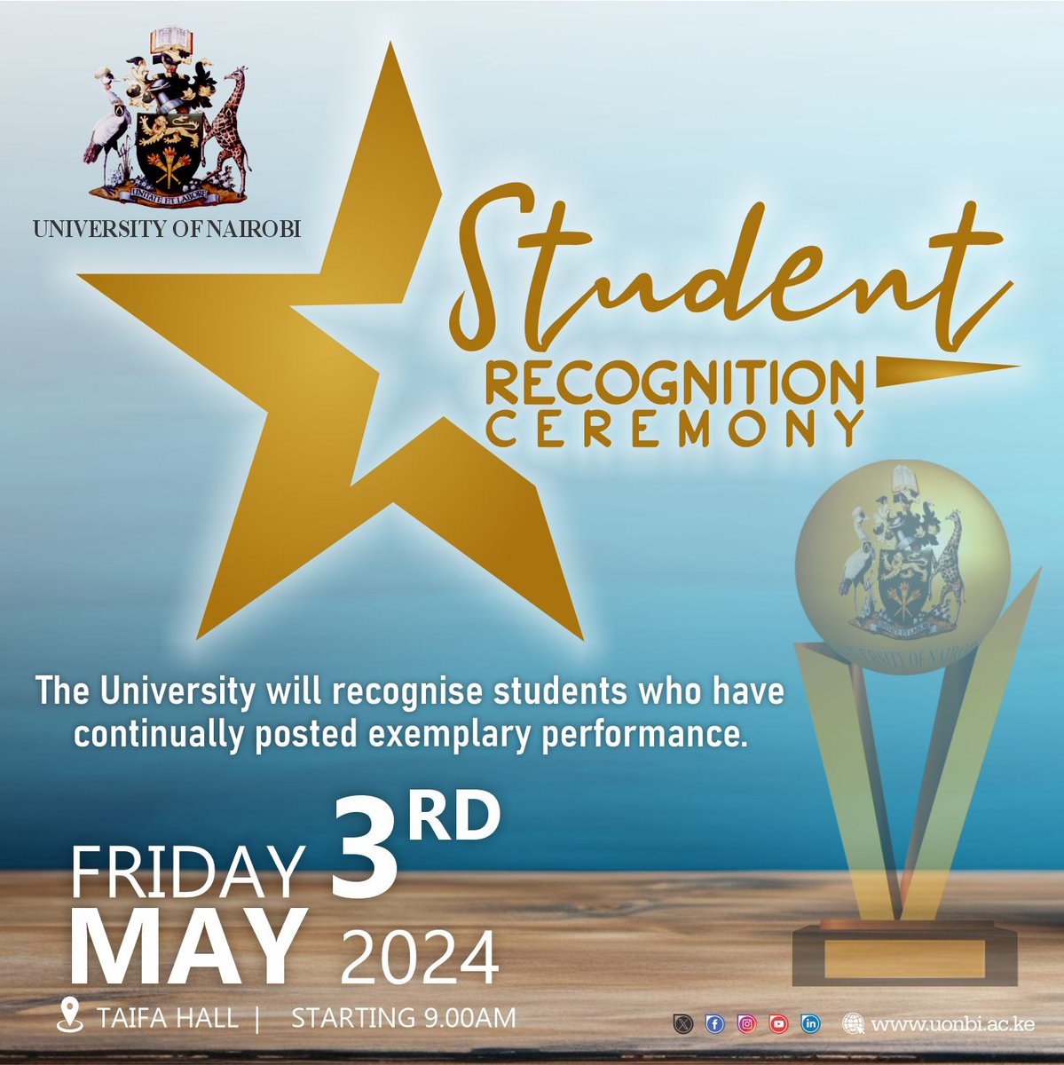 📺Stay Tuned!🔴
UNC TV will be covering live the Student Recognition Awards ceremony today at Taifa Hall; on Signet & YouTube. A total of 610 students will be recognised for their continued exemplary performance in various divisions @uonbi
#UoNStars #WeAreUoN #unctvke #uncradioke