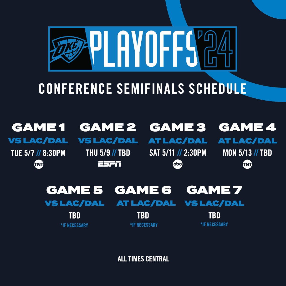 Mark your calendars 🗓️ The first four Western Conference Semifinal dates are now confirmed, starting with Game 1 on Tuesday at @PaycomCenter