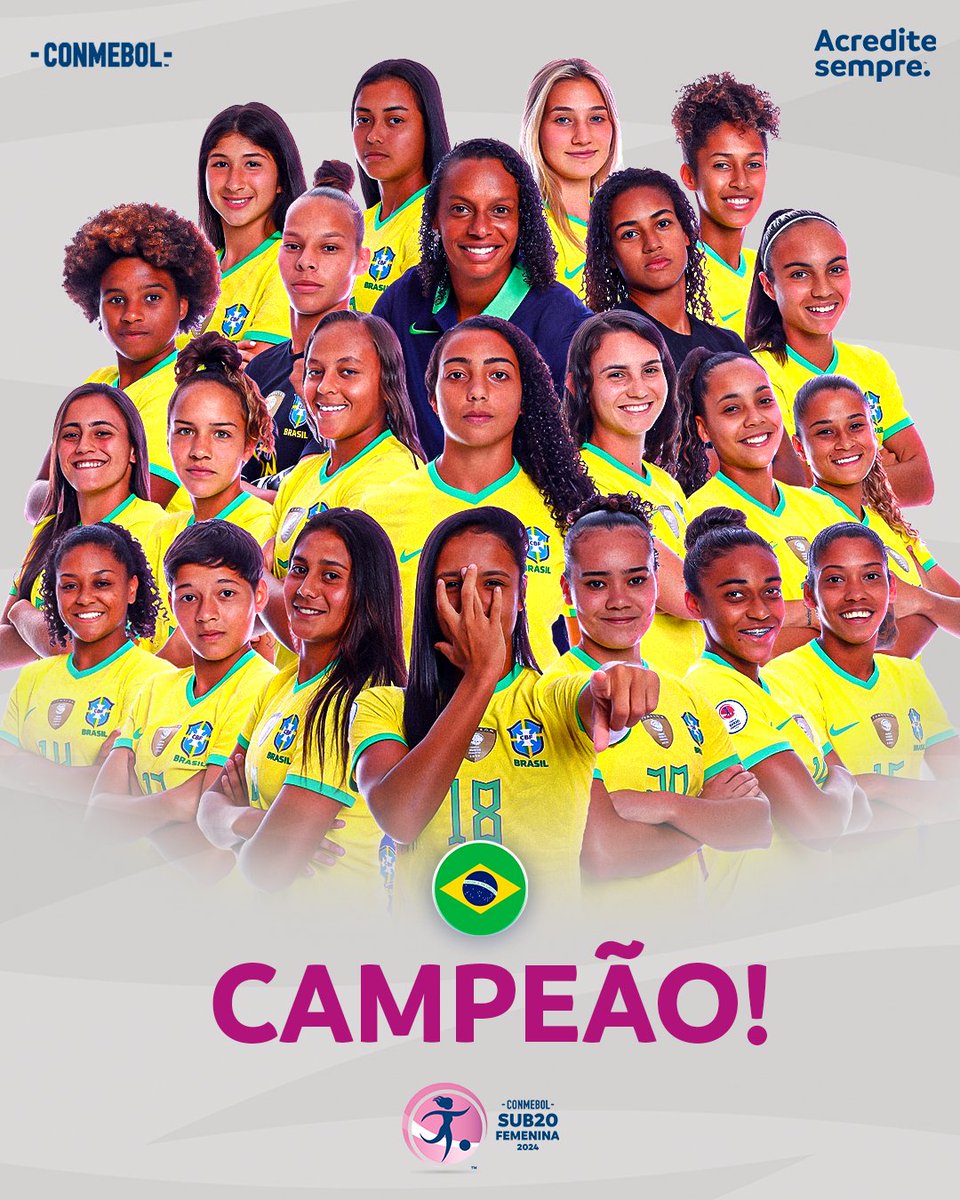 É do #Brasil!!! A uma rodada antes do fim, a @SelecaoFeminina conquistou o título da CONMEBOL #Sub20Fem 2024. 🇧🇷🏆

Parabéns, campeãs! 👏

#AcrediteSempre