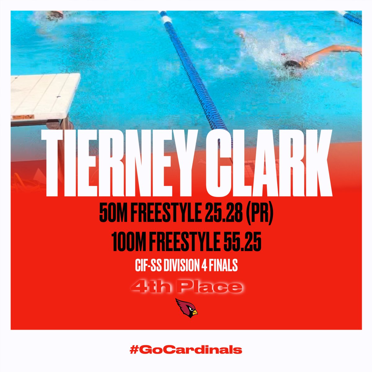 👏 Congratulations to Freshman Tierney Clark for her 4th place finishes in both the 50M and 100M Freestyle today at the CIF-SS Division 4 Finals at Mt. SAC🏊‍♀️  You make us proud 🫶🎉

#GoCardinals